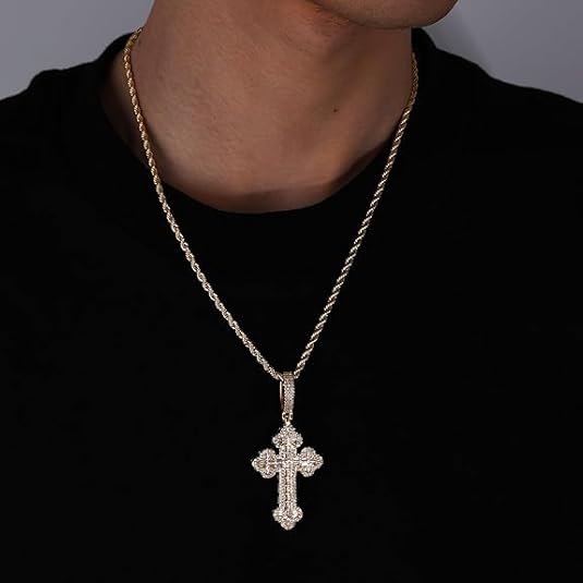 Iced Out Cross Pendant Necklace, White Gold Plated, Cubic Zirconia, Rope Chain, Hip Hop Faith Style, Unisex 3mm Pendant 24inch