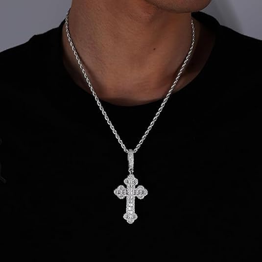 Iced Out Cross Pendant Necklace, White Gold Plated, Cubic Zirconia, Rope Chain, Hip Hop Faith Style, Unisex 3mm Pendant 24inch