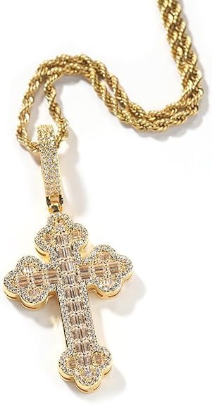 Iced Out Cross Pendant Necklace, White Gold Plated, Cubic Zirconia, Rope Chain, Hip Hop Faith Style, Unisex 3mm Pendant 24inch