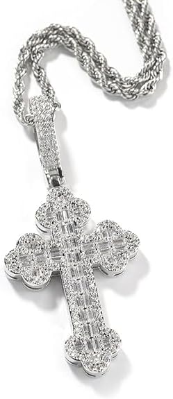 Iced Out Cross Pendant Necklace, White Gold Plated, Cubic Zirconia, Rope Chain, Hip Hop Faith Style, Unisex 3mm Pendant 24inch