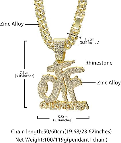 Hip Hop Diamond OTF Letter Pendant Necklace, Cuban Chain, Zinc Alloy, 20 inches