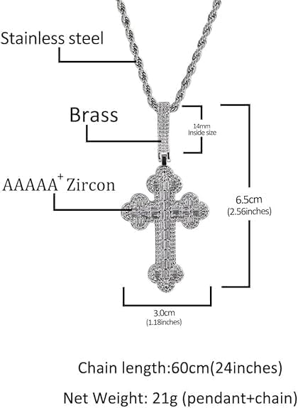 Iced Out Cross Pendant Necklace, White Gold Plated, Cubic Zirconia, Rope Chain, Hip Hop Faith Style, Unisex 3mm Pendant 24inch