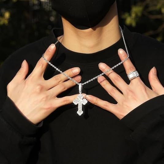 Iced Out Cross Pendant Necklace, White Gold Plated, Cubic Zirconia, Rope Chain, Hip Hop Faith Style, Unisex 3mm Pendant 24inch