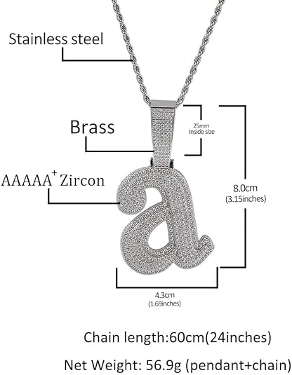 Iced Out Letter A Pendant Necklace, Silver Chain, Cubic Zirconia Crystal, Hip Hop Style