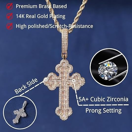 Iced Out Cross Pendant Necklace, White Gold Plated, Cubic Zirconia, Rope Chain, Hip Hop Faith Style, Unisex 3mm Pendant 24inch