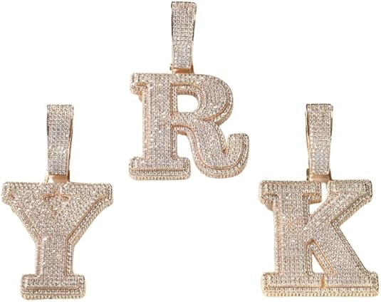 Iced Out Initial Letter Pendant Necklace, Gold-Plated Crystal Alphabet Charm, D C R Y K Style 24inch Chain