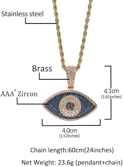 Luxury Evil Eye Pendant Necklace, C Z Crystal Pave, Gold and Silver Plated 24inch Chain