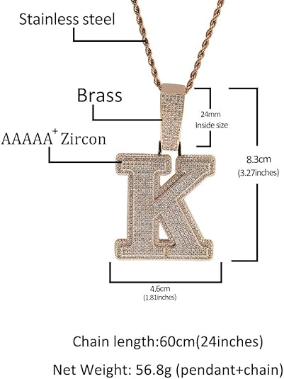 Iced Out Initial Letter Pendant Necklace, Gold-Plated Crystal Alphabet Charm, D C R Y K Style 24inch Chain