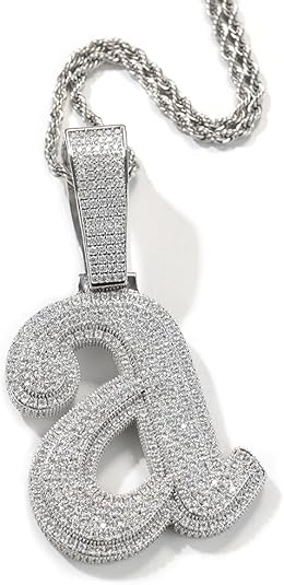 Iced Out Letter A Pendant Necklace, Silver Chain, Cubic Zirconia Crystal, Hip Hop Style
