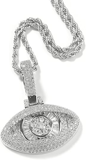 Luxury Evil Eye Pendant Necklace, C Z Crystal Pave, Gold and Silver Plated 24inch Chain
