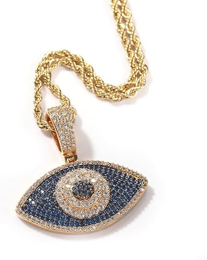 Luxury Evil Eye Pendant Necklace, C Z Crystal Pave, Gold and Silver Plated 24inch Chain