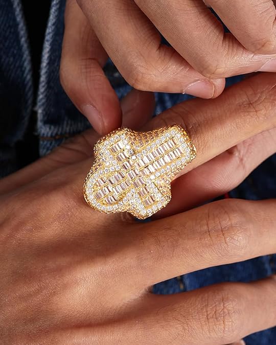 Men's Fully Iced Out 14K Gold Plated Hip Hop Rings, CZ Simulated Diamond Ring for Men, Punky Rapper Style Finger Charm, Baguette Cross Pinky Ring Underground College Event Fashion Jewelry Gift