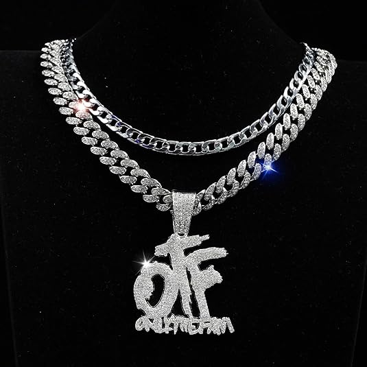 Hip Hop Diamond OTF Letter Pendant Necklace, Cuban Chain, Zinc Alloy, 20 inches