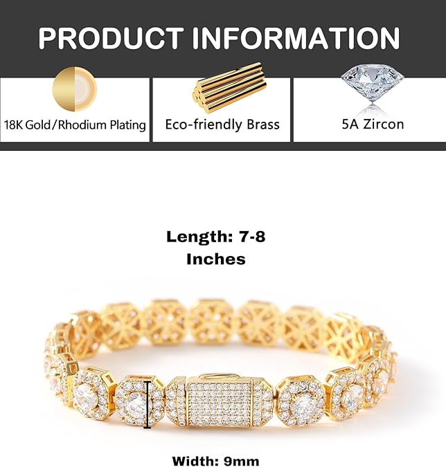 Iced Out Clustered Bracelet for Men and Women, 14K Gold/White Gold Plated, 5A Zircon Bling Luxury Tennis Bracelet, CZ Fashion Jewelry Gift for Birthday, Anniversary