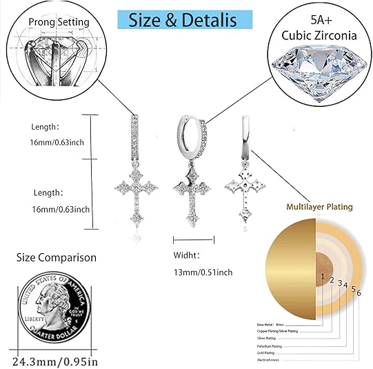 Cross Hoop Dangle Earrings 14K Gold Plated 5A+ Cubic Zirconia Cartilage Hypoallergenic Sterling Silver Cross Dangle Drop Earrings For Men Women