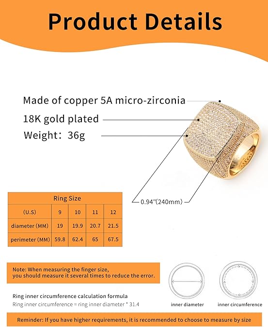 Iced Out Mens Pinky Ring - 18k Gold Plated Bling Hip Hop Cubic Zirconia Jewelry - Created Diamond Signet for Women Gifts