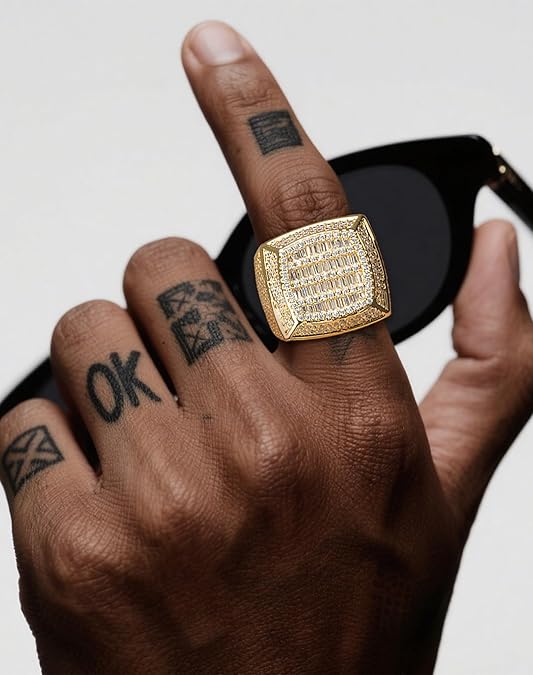 Iced Out Mens Pinky Ring - 18k Gold Plated Bling Hip Hop Cubic Zirconia Jewelry - Created Diamond Signet for Women Gifts