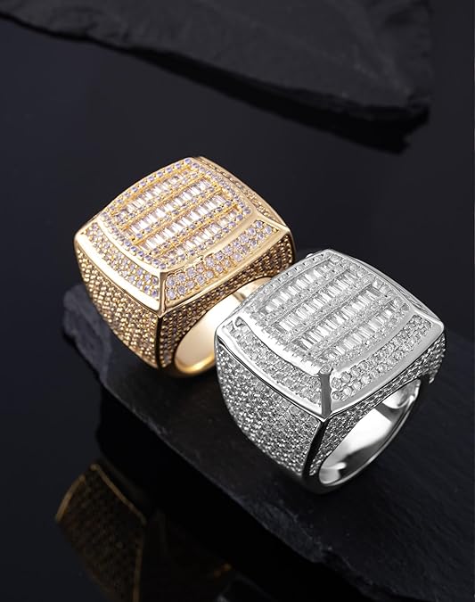 Iced Out Mens Pinky Ring - 18k Gold Plated Bling Hip Hop Cubic Zirconia Jewelry - Created Diamond Signet for Women Gifts