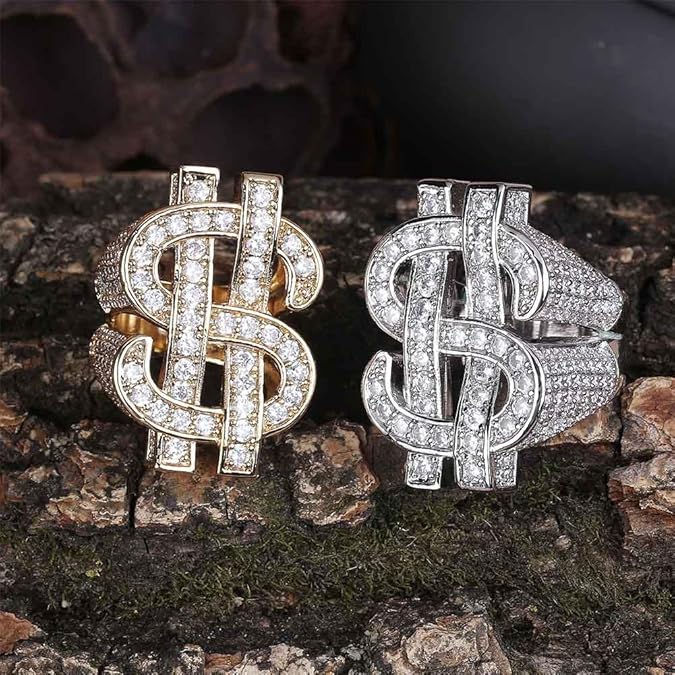 Hip Hop Dollar Sign Ring for Men, Iced Out Cubic Zirconia Ring, Punk Rock Style