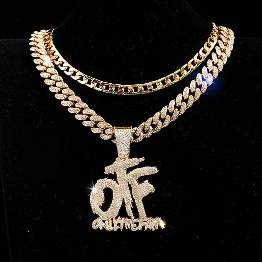 Hip Hop Diamond OTF Letter Pendant Necklace, Cuban Chain, Zinc Alloy, 20 inches