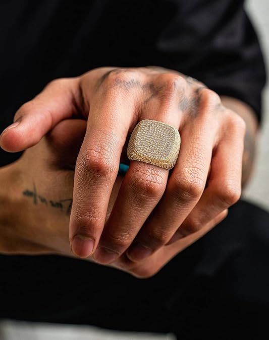 Iced Out Mens Pinky Ring - 18k Gold Plated Bling Hip Hop Cubic Zirconia Jewelry - Created Diamond Signet for Women Gifts