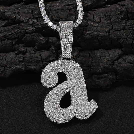 Iced Out Letter A Pendant Necklace, Silver Chain, Cubic Zirconia Crystal, Hip Hop Style