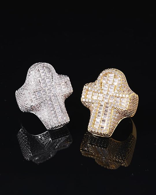 Men's Fully Iced Out 14K Gold Plated Hip Hop Rings, CZ Simulated Diamond Ring for Men, Punky Rapper Style Finger Charm, Baguette Cross Pinky Ring Underground College Event Fashion Jewelry Gift