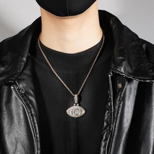 Luxury Evil Eye Pendant Necklace, C Z Crystal Pave, Gold and Silver Plated 24inch Chain