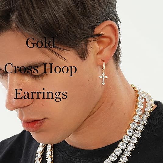 Cross Hoop Dangle Earrings 14K Gold Plated 5A+ Cubic Zirconia Cartilage Hypoallergenic Sterling Silver Cross Dangle Drop Earrings For Men Women