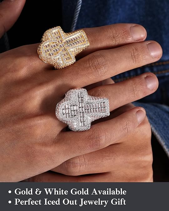 Men's Fully Iced Out 14K Gold Plated Hip Hop Rings, CZ Simulated Diamond Ring for Men, Punky Rapper Style Finger Charm, Baguette Cross Pinky Ring Underground College Event Fashion Jewelry Gift
