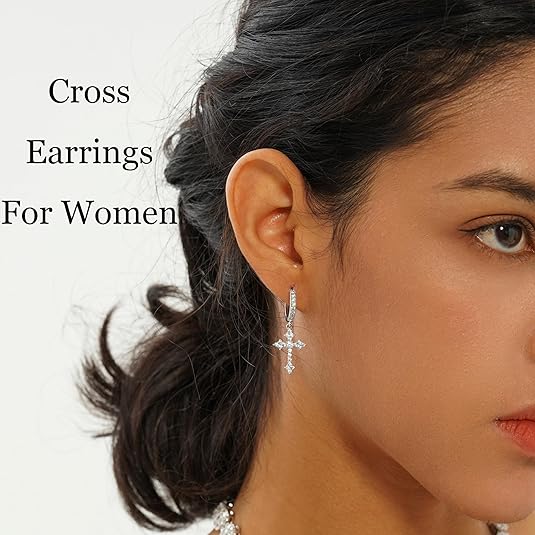 Cross Hoop Dangle Earrings 14K Gold Plated 5A+ Cubic Zirconia Cartilage Hypoallergenic Sterling Silver Cross Dangle Drop Earrings For Men Women