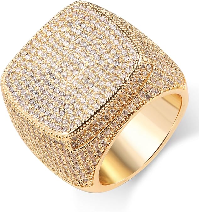 Iced Out Mens Pinky Ring - 18k Gold Plated Bling Hip Hop Cubic Zirconia Jewelry - Created Diamond Signet for Women Gifts