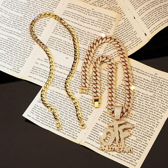 Hip Hop Diamond OTF Letter Pendant Necklace, Cuban Chain, Zinc Alloy, 20 inches