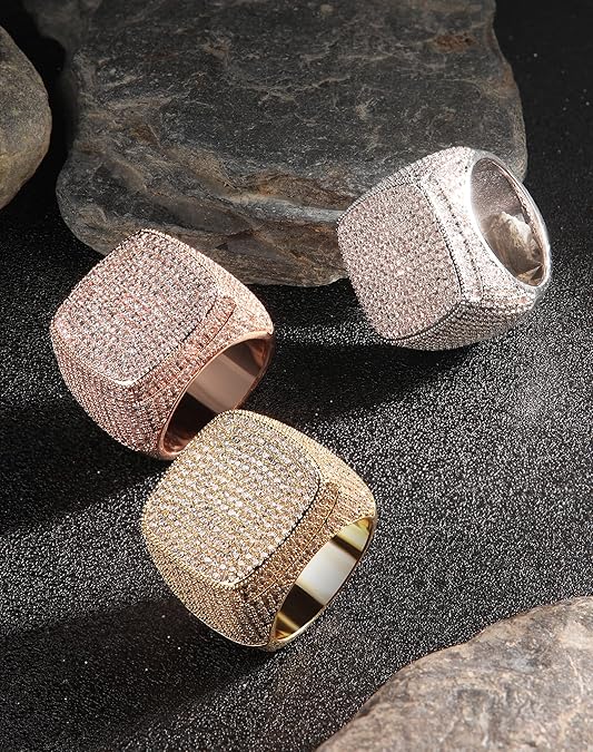 Iced Out Mens Pinky Ring - 18k Gold Plated Bling Hip Hop Cubic Zirconia Jewelry - Created Diamond Signet for Women Gifts