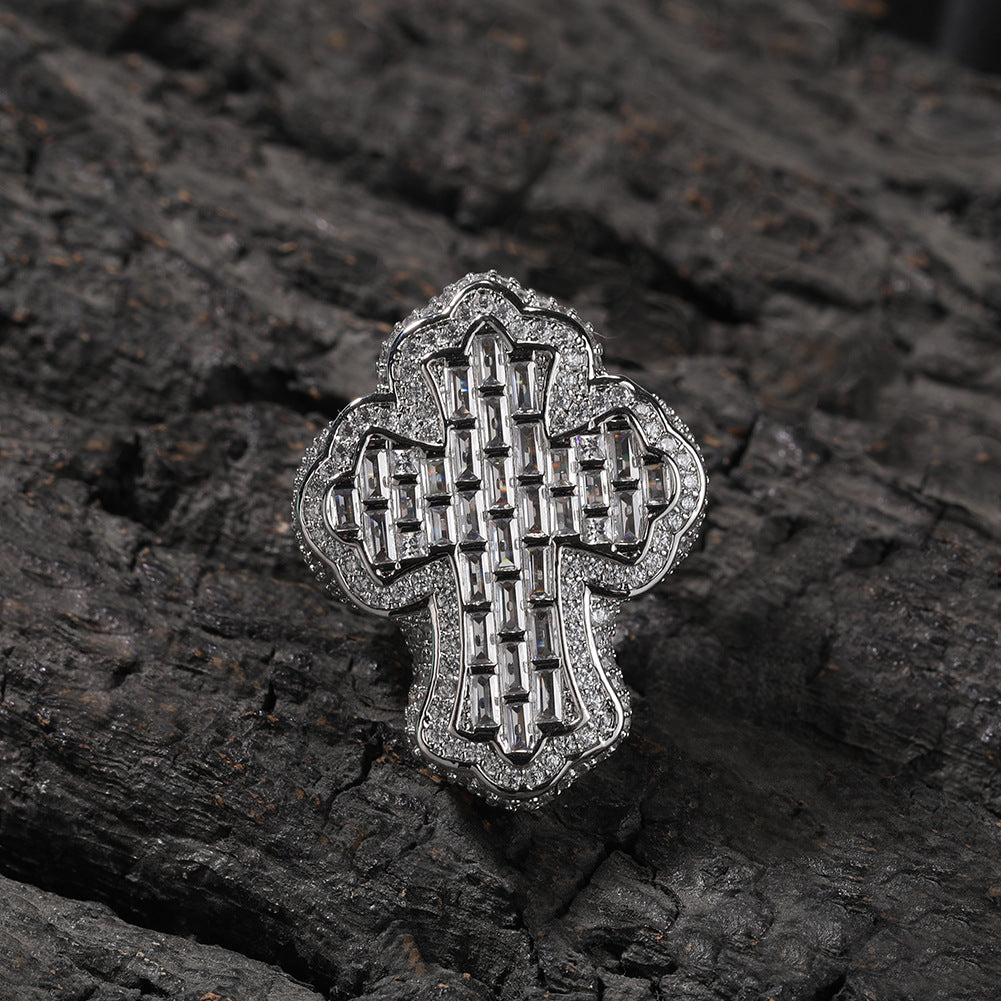 Iced Out Diamond Baguette Cross Pinky Ring Cubic Zirconia Punky Hip Hop Rapper Style Band Ring Jewelry Gift for Men Women