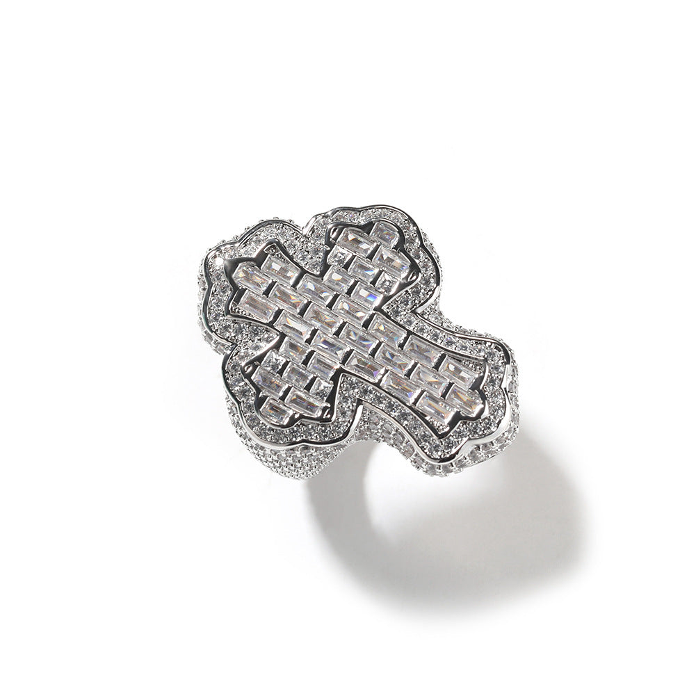 Iced Out Diamond Baguette Cross Pinky Ring Cubic Zirconia Punky Hip Hop Rapper Style Band Ring Jewelry Gift for Men Women