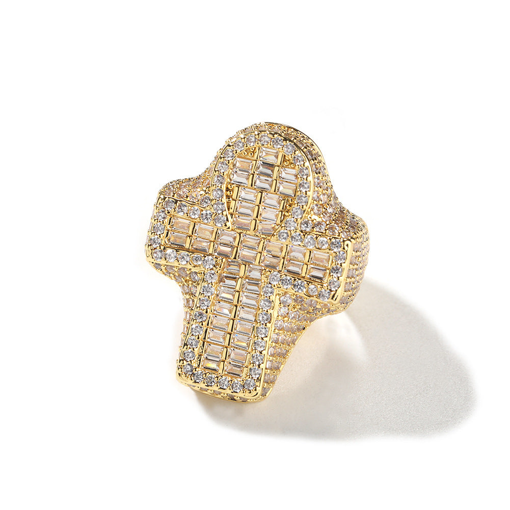 Men's Fully Iced Out 14K Gold Plated Hip Hop Rings, CZ Simulated Diamond Ring for Men, Punky Rapper Style Finger Charm, Baguette Cross Pinky Ring Underground College Event Fashion Jewelry Gift