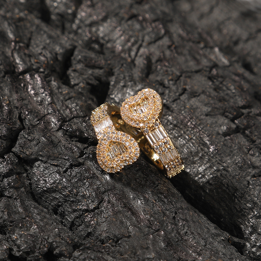 Iced Out Jewelry Baguette Cz Adjustable Heart Ring, All Match Bling Bling Dainty Gold Pinky Ring Party Rose Gold Love Men Women Luxury Jewelry