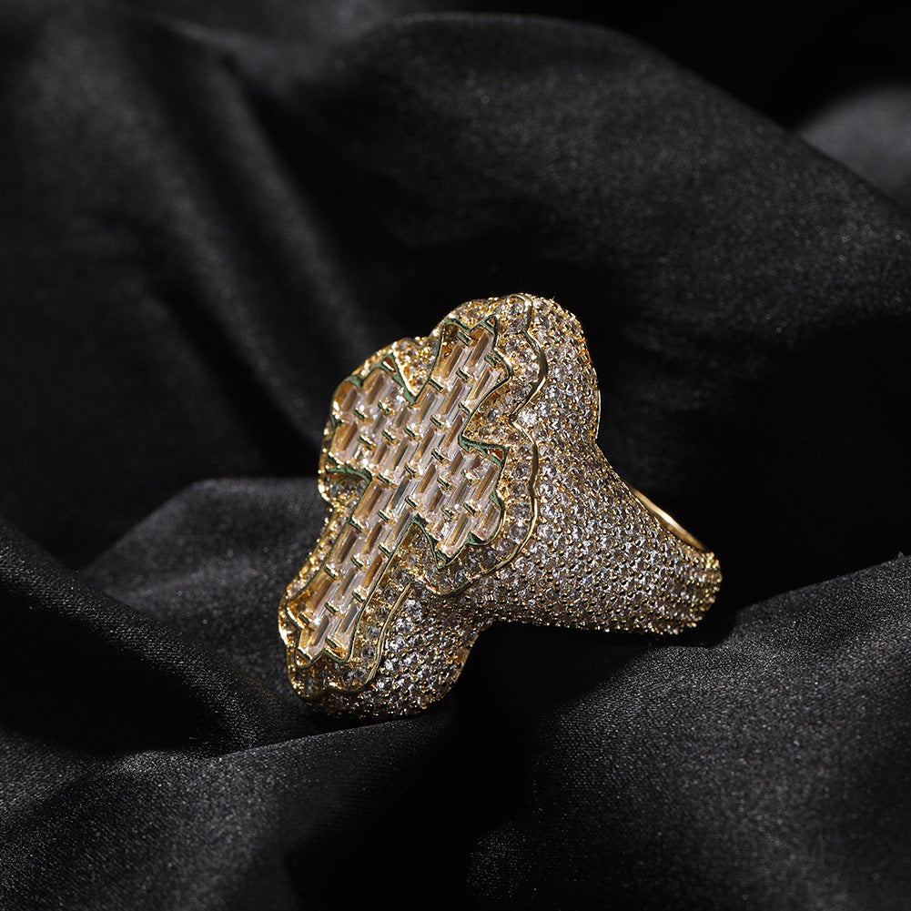 Iced Out Diamond Baguette Cross Pinky Ring Cubic Zirconia Punky Hip Hop Rapper Style Band Ring Jewelry Gift for Men Women