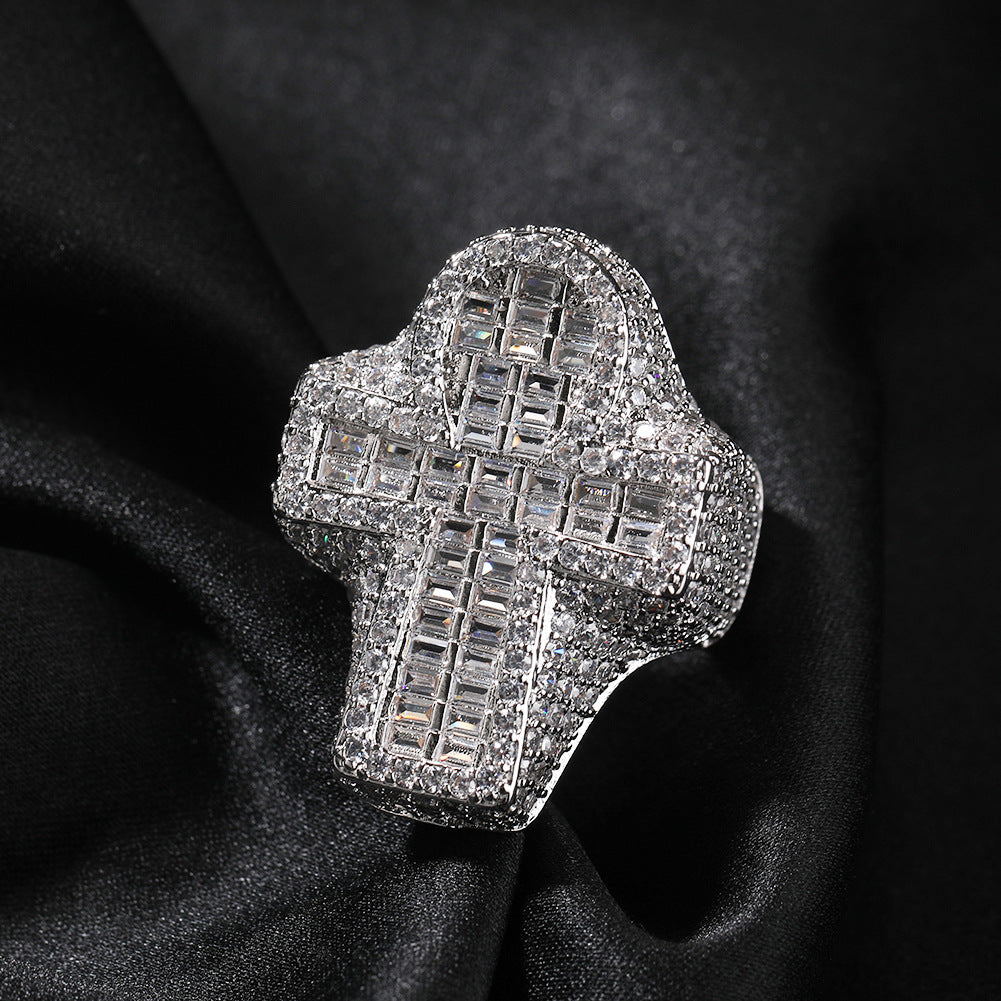 Men's Fully Iced Out 14K Gold Plated Hip Hop Rings, CZ Simulated Diamond Ring for Men, Punky Rapper Style Finger Charm, Baguette Cross Pinky Ring Underground College Event Fashion Jewelry Gift