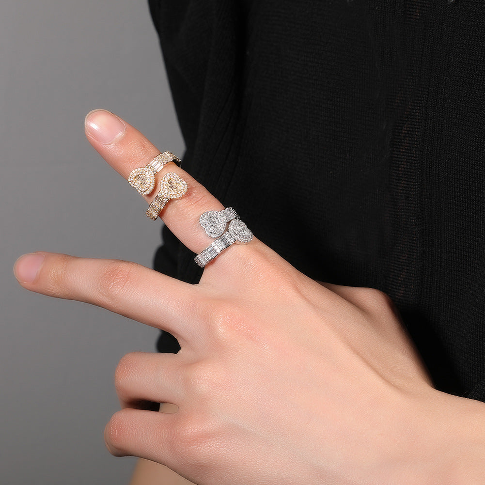 Iced Out Jewelry Baguette Cz Adjustable Heart Ring, All Match Bling Bling Dainty Gold Pinky Ring Party Rose Gold Love Men Women Luxury Jewelry
