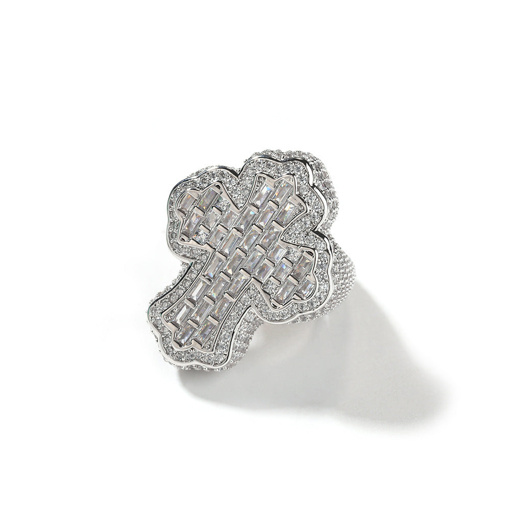 Iced Out Diamond Baguette Cross Pinky Ring Cubic Zirconia Punky Hip Hop Rapper Style Band Ring Jewelry Gift for Men Women