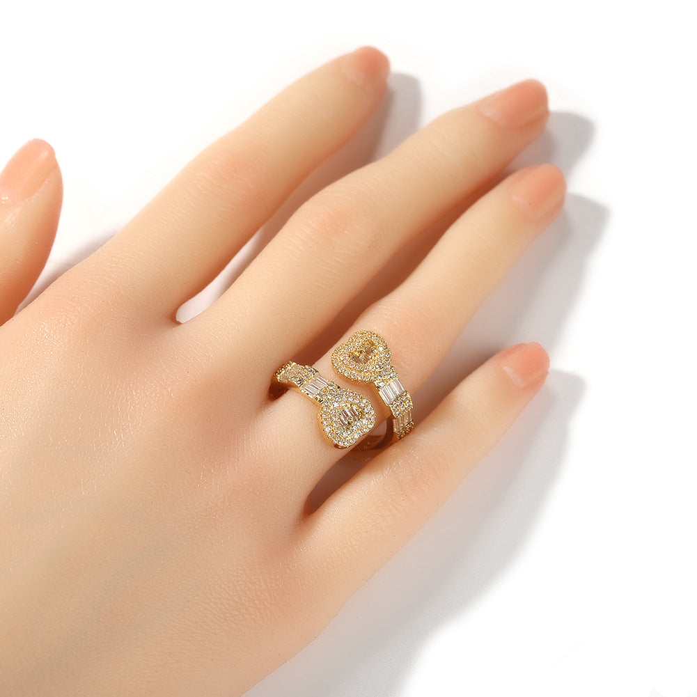 Iced Out Jewelry Baguette Cz Adjustable Heart Ring, All Match Bling Bling Dainty Gold Pinky Ring Party Rose Gold Love Men Women Luxury Jewelry