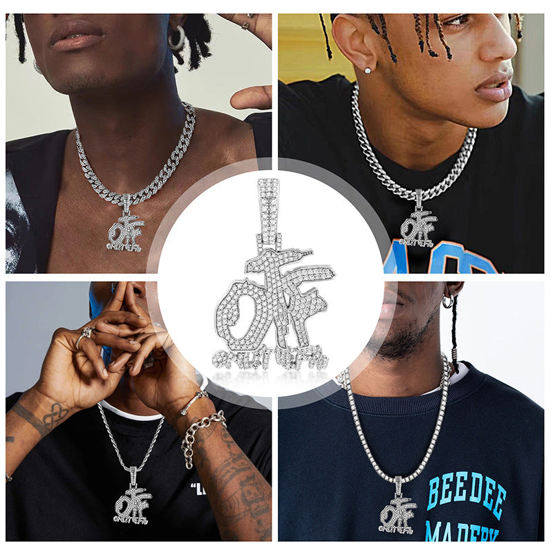 Hip Hop Diamond OTF Letter Pendant Necklace, Cuban Chain, Zinc Alloy, 20 inches