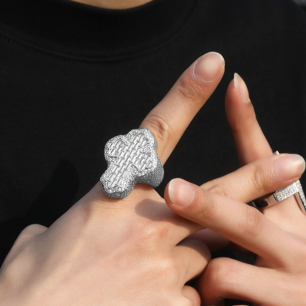 Iced Out Diamond Baguette Cross Pinky Ring Cubic Zirconia Punky Hip Hop Rapper Style Band Ring Jewelry Gift for Men Women