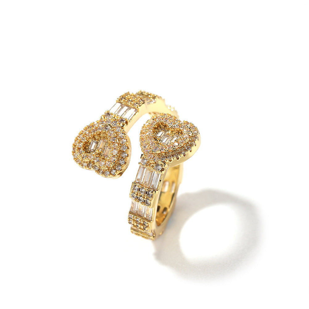 Iced Out Jewelry Baguette Cz Adjustable Heart Ring, All Match Bling Bling Dainty Gold Pinky Ring Party Rose Gold Love Men Women Luxury Jewelry