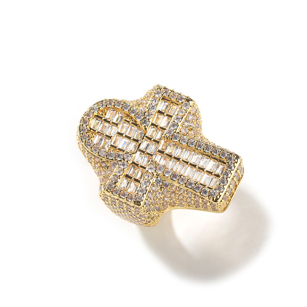 Men's Fully Iced Out 14K Gold Plated Hip Hop Rings, CZ Simulated Diamond Ring for Men, Punky Rapper Style Finger Charm, Baguette Cross Pinky Ring Underground College Event Fashion Jewelry Gift