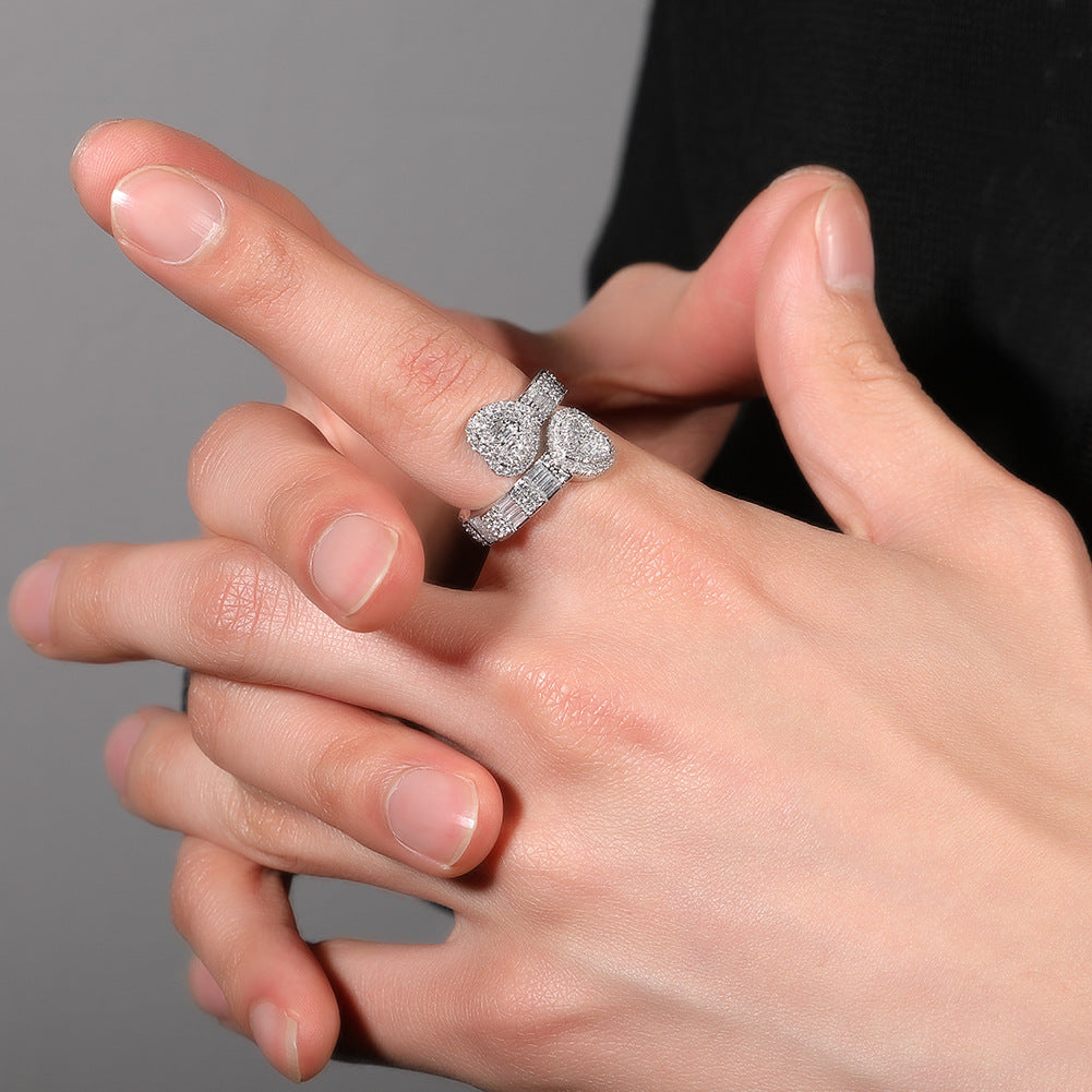 Iced Out Jewelry Baguette Cz Adjustable Heart Ring, All Match Bling Bling Dainty Gold Pinky Ring Party Rose Gold Love Men Women Luxury Jewelry