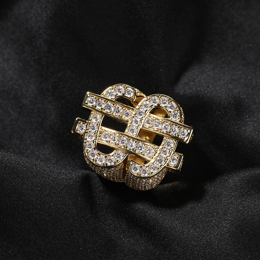 Hip Hop Dollar Sign Ring for Men, Iced Out Cubic Zirconia Ring, Punk Rock Style