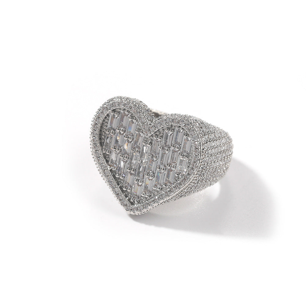 Iced Out Baguette Cz Diamond Heart Ring Jewelry, All Match Bling Bling Dainty Gold Pinky Ring Party Rose Gold Love Women Luxury Jewelry